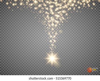 Vector golden sparkling falling star. Stardust trail. Cosmic glittering wave. Gold glittering stars dust trail sparkling particles on transparent background. Space comet tail