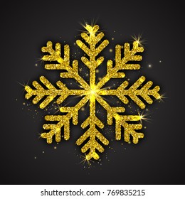 Vector Golden Sparkling Snowflake with Shimmer Glitter Texture Isolated on Dark Gray Background. Merry Christmas, Xmas, Happy New Year, Noel, Yule Holidays Abstract Symbol Decoration. 3D Illustration