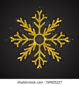 Vector Golden Sparkling Snowflake with Shimmer Glitter Texture Isolated on Dark Gray Background. Merry Christmas, Xmas, Happy New Year, Noel, Yule Holidays Abstract Symbol Decoration. 3D Illustration