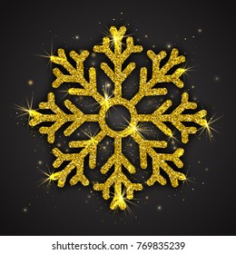Vector Golden Sparkling Snowflake with Shimmer Glitter Texture Isolated on Dark Gray Background. Merry Christmas, Xmas, Happy New Year, Noel, Yule Holidays Abstract Symbol Decoration. 3D Illustration
