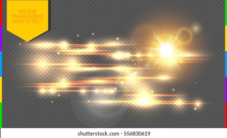 Vector golden special effect. Glowing streaks on transparent background. Beautiful glow light lens flare and spark. Luminous abstract sparkling lined night disco club wallpaper