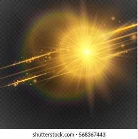 Vector golden special effect. Glowing streaks on transparent background. Beautiful glow light lens flare and spark. 