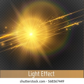 Vector golden special effect. Glowing streaks on transparent background. Beautiful glow light lens flare and spark. 
