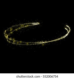 Vector golden spiral light. Blurred motion. Festive burst in black night background. Magic lig effects. Shimmering Stars. Neon glow, sparkle, glitter, splash. Vector abstract background.