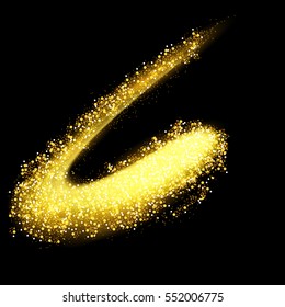 Vector golden spiral light. Blurred motion. Festive burst in black night background. Magic lig effects. Shimmering Stars. Neon glow, sparkle, glitter, splash. Vector abstract background.