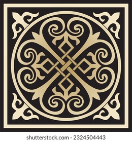 Vector golden square Byzantine ornament, knot, rosette. Circle Greek pattern, Drawing of the Eastern Roman Empire. Decoration of the Russian Orthodox Church.
