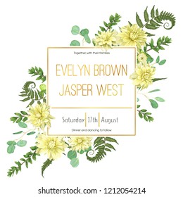 vector golden square flower frame with dahlias, fern leaves, branch of boxwood and eucalyptus is isolated on white background. Template for wedding invitations, birthday, postcards, posters, save