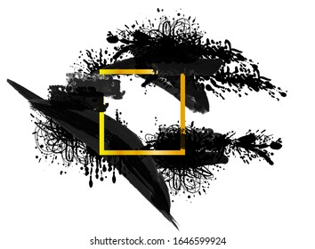 Vector golden square frame with scribble lines and ink splashes on the background, design element isolated on white.