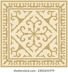 Vector golden square Kazakh national ornament. Ethnic pattern of the peoples of the Great Steppe, Mongols, Kyrgyz, Kalmyks, Buryats.
