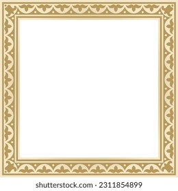 Vector golden square Kazakh national ornament. Ethnic pattern of the peoples of the Great Steppe, Mongols, 
Kyrgyz, Kalmyks, Buryats. Square frame border.