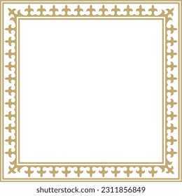 Vector golden square Kazakh national ornament. Ethnic pattern of the peoples of the Great Steppe, Mongols, 
Kyrgyz, Kalmyks, Buryats. Square frame border.