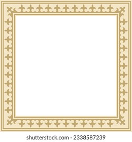 Vector golden square Kazakh national ornament. Ethnic pattern of the peoples of the Great Steppe, Mongols, 
Kyrgyz, Kalmyks, Buryats. Square frame border.