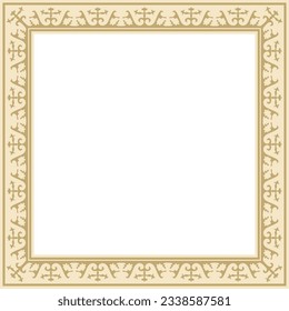 Vector golden square Kazakh national ornament. Ethnic pattern of the peoples of the Great Steppe, Mongols, Kyrgyz, Kalmyks, Buryats. Square frame border.
