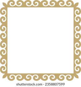 Vector golden square Kazakh national ornament. Ethnic pattern of the peoples of the Great Steppe, Mongols, Kyrgyz, Kalmyks, Buryats. Square frame border.
