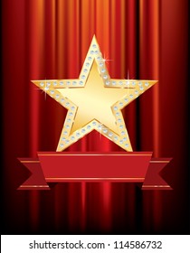 vector golden star with blank banner on red curtain