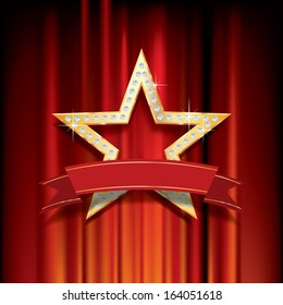 vector golden star with blank banner on red curtain