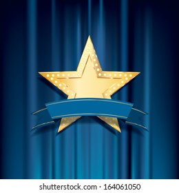 vector golden star with bulb lamps and blue blank banner