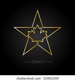 The Vector Golden Star with Canadian maple Leaf on black background