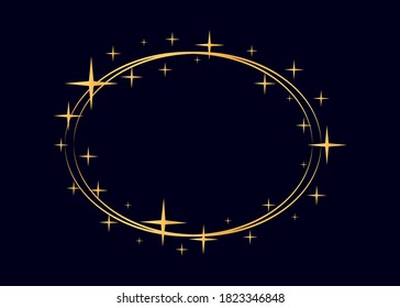 Marco de círculo de estrella dorada vectorial. Wreath para diseño, plantilla de logotipo. Estrecha, estrellas, cielo estrellado. Marco redondo con estrellas y puntos de brillo sobre fondo blanco. Fondo vectorial para la tarjeta, invitación.
