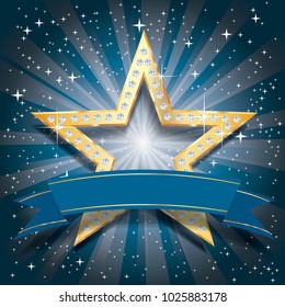 vector golden star with diamonds and blank blue banner tape on starburst in blue colors