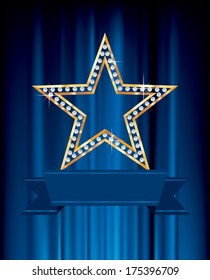 vector golden star with diamonds and blank banner on blue curtain