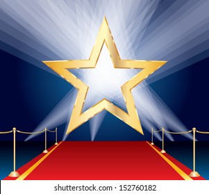 Vector Golden Star Over Red Carpet And Spotlights