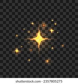 Vector golden star shine effects, flash lights with sparkles and glow rays isolated on black background.
