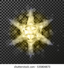 Vector golden star symbol on the dark background - glitter snowflake, transparency stellar flare. Shining reflection.
