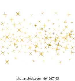 Vector golden stars curl pattern on white background. Confetti ornamental design. Curve decoration for banner. Magic stars golden glitter sparkles vector pattern. Cosmic night sky objects background.