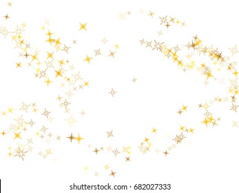 Vector golden stars flying pattern on white background. Gold sparkles confetti ornamental graphic design. Holiday decoration for banner.