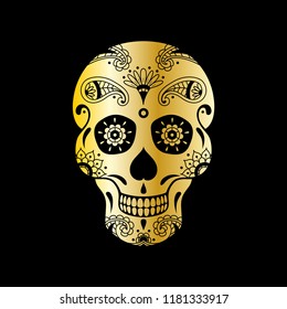Vector golden sugar skull with floral pattern on black background. Luxury illustration of sugar skull for Mexican Day of the Dead Celebration Festival