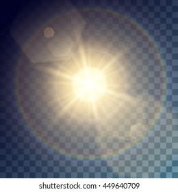 Vector golden sun with light effects. Big rays, hotspots, rainbow halo and flares on transparent like background. Release clipping mask for work.