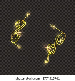 Vector golden swirly lines, vintage shining corners, luxury frame template, bright glowing light, colorful illustration template isolated on dark transparent background.