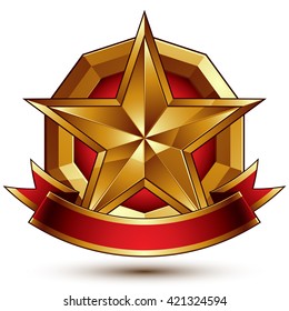 Vector golden symbol with stylized pentagonal glossy star and red decorative curvy ribbon, best for use in web and graphic design. Sophisticated gold ring and polished wavy tape.

