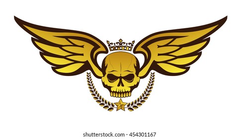 Vector golden tattoo or logo with crowned skull, wings, laurel wreath. Isolated on white background. Royal design for air force, biker or MMA fighter print