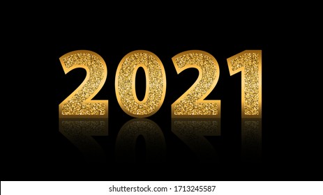 Vector golden text lettering 2021 with glitter on black background for New Year.