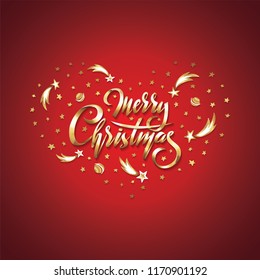 Vector Golden text Merry Christmas in Heart of falling stars, planets, comets and galaxies on cosmic background. Handwritten lettering for invitation, gift greeting card, prints  on red background. 