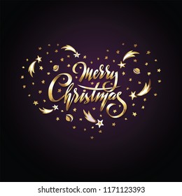Vector Golden text Merry Christmas in Heart of falling stars, planets, comets and galaxies on cosmic background. Handwritten lettering for invitation, gift greeting card, prints  on dark background. 
