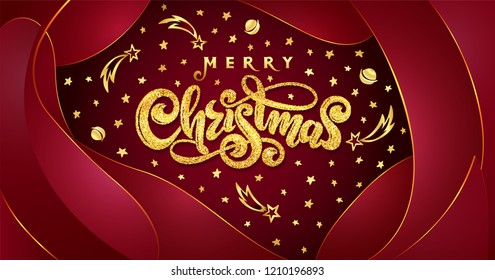 Vector Golden text Merry Christmas on red plastic effect background with falling stars, planets, comets, galaxies on liquid fluid background. Handwritten lettering for invitation, gift greeting card