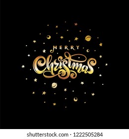 Vector Golden text Merry Christmas on black cosmic background with golden falling stars, planets, comets, galaxies in round ball shape. Handwritten festive lettering for invitation, gift greeting card