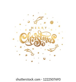 Vector Golden text Merry Christmas isolated on white cosmic background golden falling stars planets, comets, galaxies Round ball shape. Handwritten festive lettering for invitation, gift greeting card