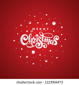 Vector Golden text Merry Christmas isolated on red cosmic background with falling stars, planets, comets, galaxies in round ball shape. Handwritten festive lettering for invitation, gift greeting card