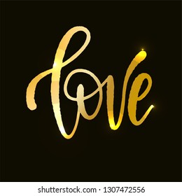 Vektor-goldener Text auf schwarzem Hintergrund. Love Wortschatz für Einladung und Grußkarte, Drucke und Poster. Handgezeichnete Inschrift, kalligraphischer Ausdruck