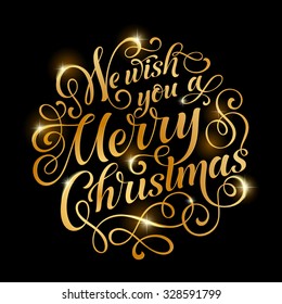 Vector golden text on black background. We wish you a Merry Christmas and Happy New Year lettering for invitation and greeting card, prints and posters. Hand drawn inscription, calligraphic design