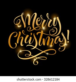 Vector golden text on black background. Merry Christmas lettering for invitation and greeting card, prints and posters. Hand drawn inscription, calligraphic design