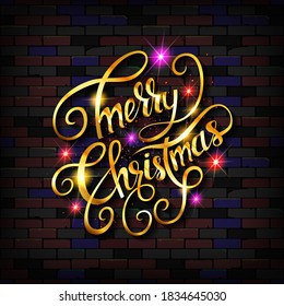 Texto vectorial dorado sobre fondo oscuro. Feliz Navidad y Feliz Año Nuevo con letras para invitación y tarjetas de felicitación, impresiones y afiches. Inscripción dibujada a mano, diseño caligráfico