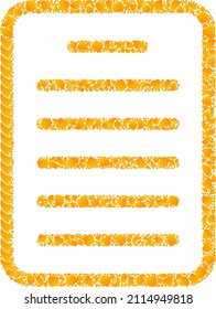 Icono de mosaico de la página de texto dorado vectorial. La página de texto está aislada en un fondo blanco. Mosaico de elementos dorados basado en el icono de la página de texto. La imagen icónica de la página de texto de colección se compone de elementos amarillos.