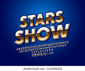 Vector Golden text Stars Show. Chic Font. Luxury sparkling Alphabet Letters, Numbers and Symbols
