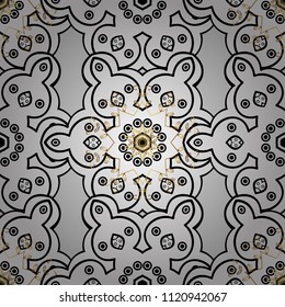 Vector golden textile print. Floral tiles. Ornamental pattern oriental ornament. Golden pattern on white, black and gray colors with golden elements. Islamic design.