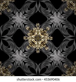 Vector golden textile print. Floral tiles. Islamic design. Golden pattern on colors with golden elements. Seamless pattern oriental ornament.
